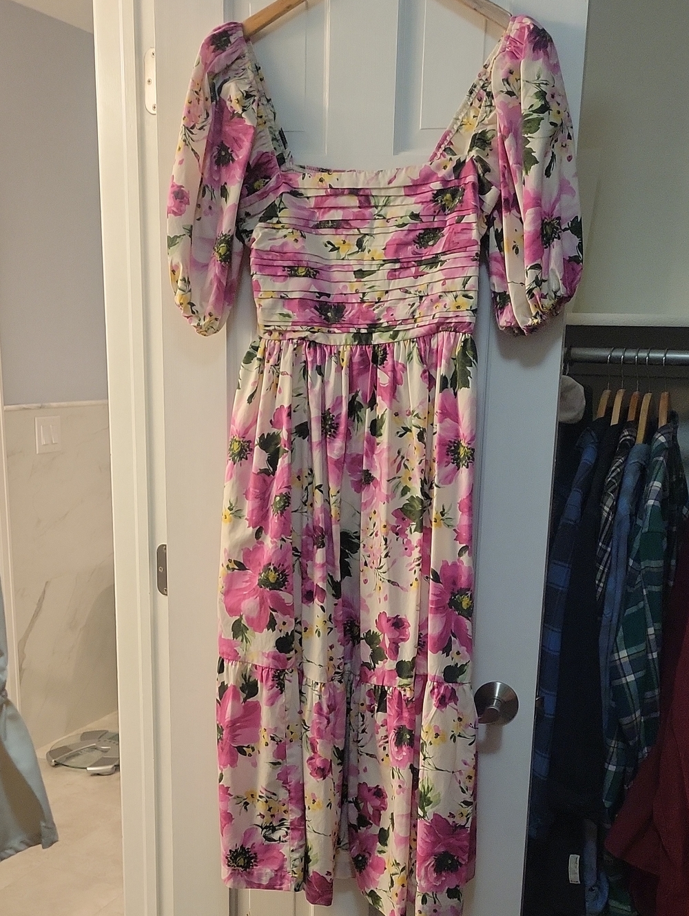Abercrombie & Fitch Pink Floral Square-Neck Midi Dress